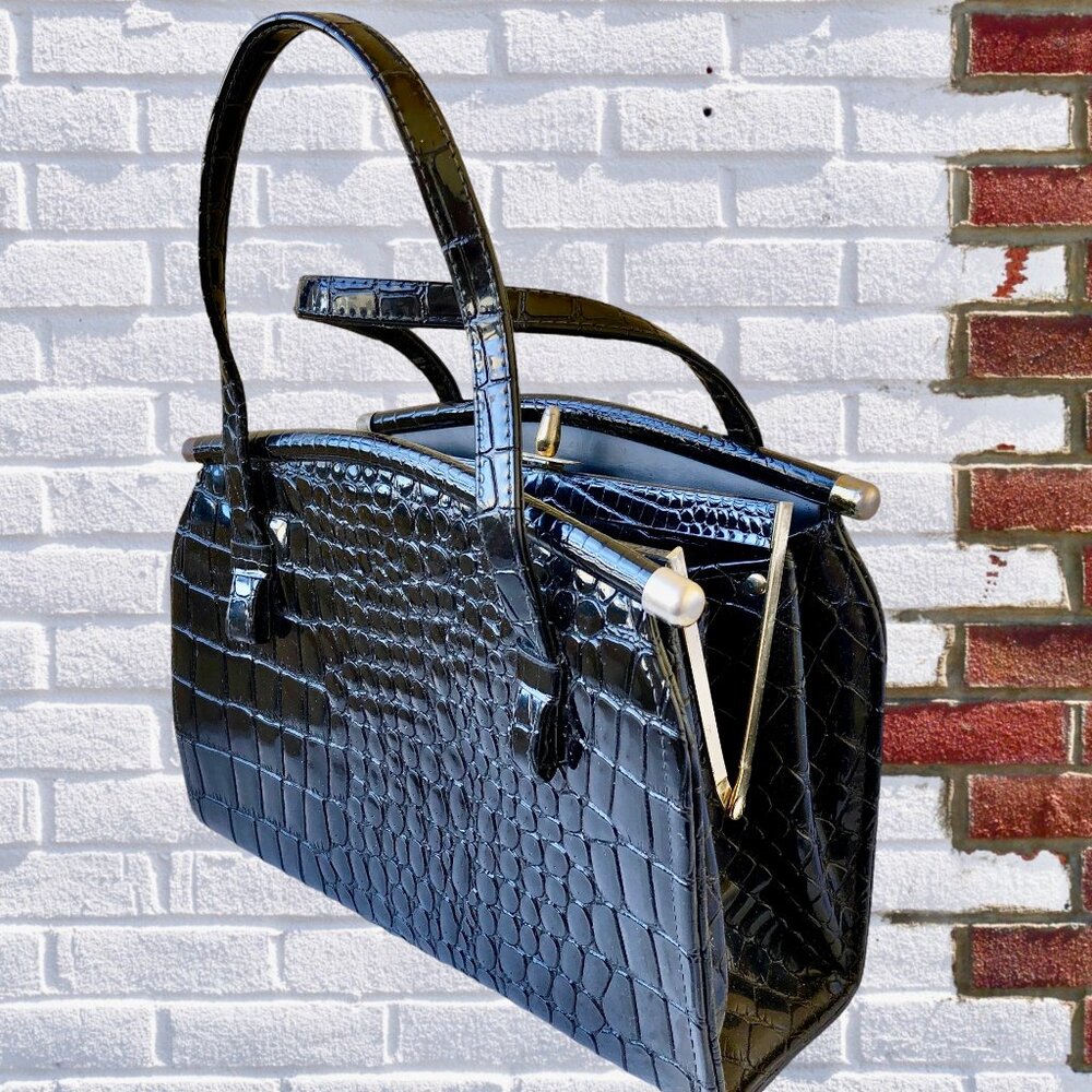 Granada USA Vintage 50's Black Patent Leather Handbag CROC PRINT *flaw